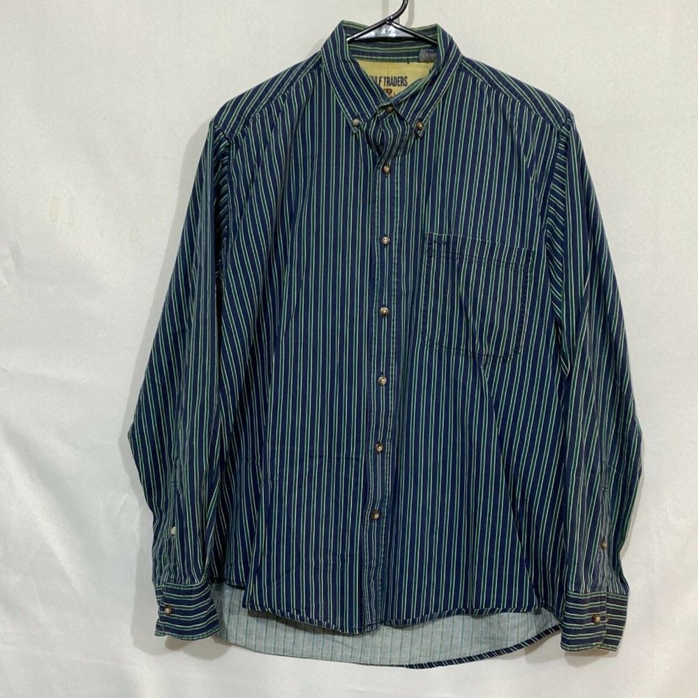 Gulf Traders Mens Blue Striped Classic Long Sleeves Button Front Shirt Size M